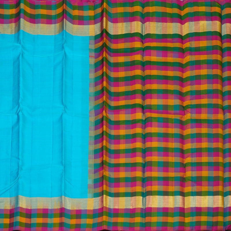 Hayagrivas Handloom Sky Blue Kanjivaram Silk Saree with Multicolour Checks Border KSBE104B1-3