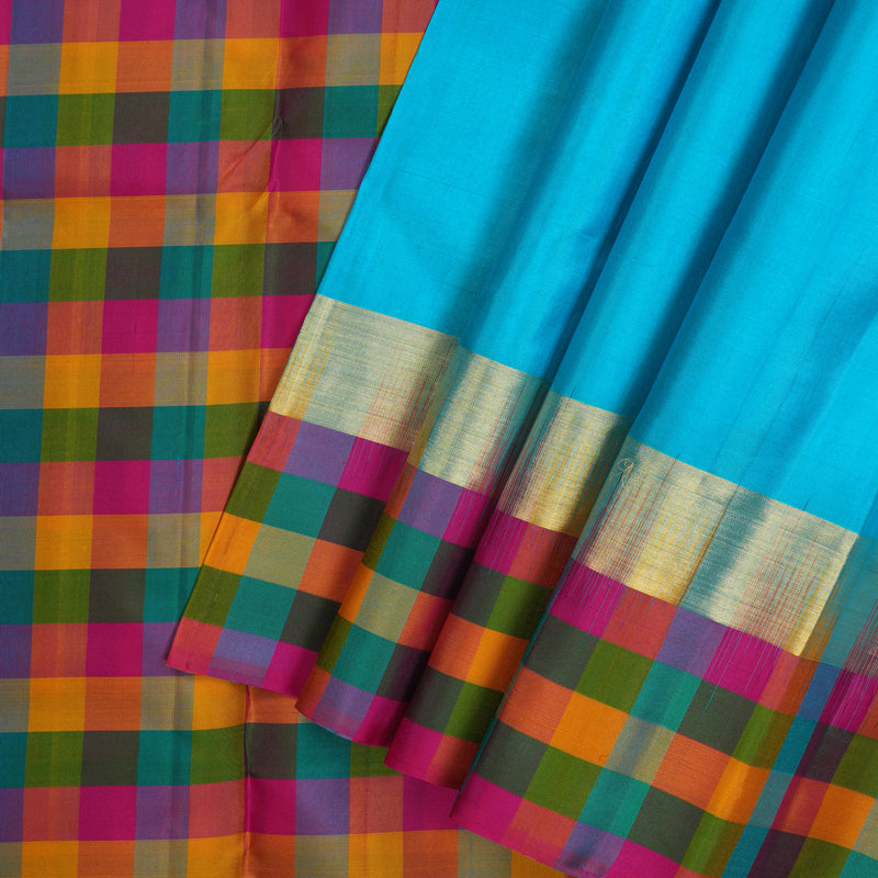 Hayagrivas Handloom Sky Blue Kanjivaram Silk Saree with Multicolour Checks Border KSBE104B1-3