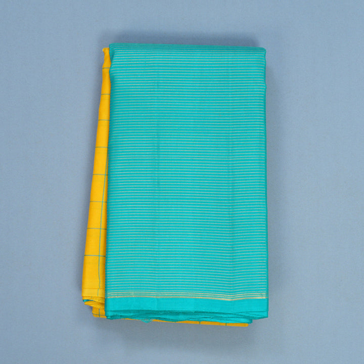 Hayagrivas Handloom Yellow Kanjivaram Silk Saree with Sea Blue Border KSBE119C2-1
