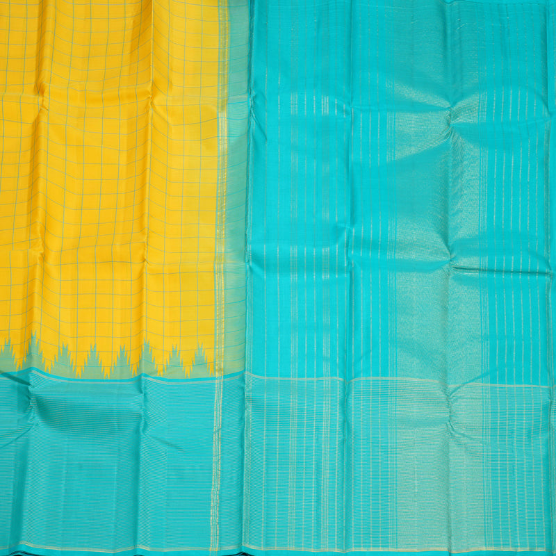 Hayagrivas Handloom Yellow Kanjivaram Silk Saree with Sea Blue Border KSBE119C2-1