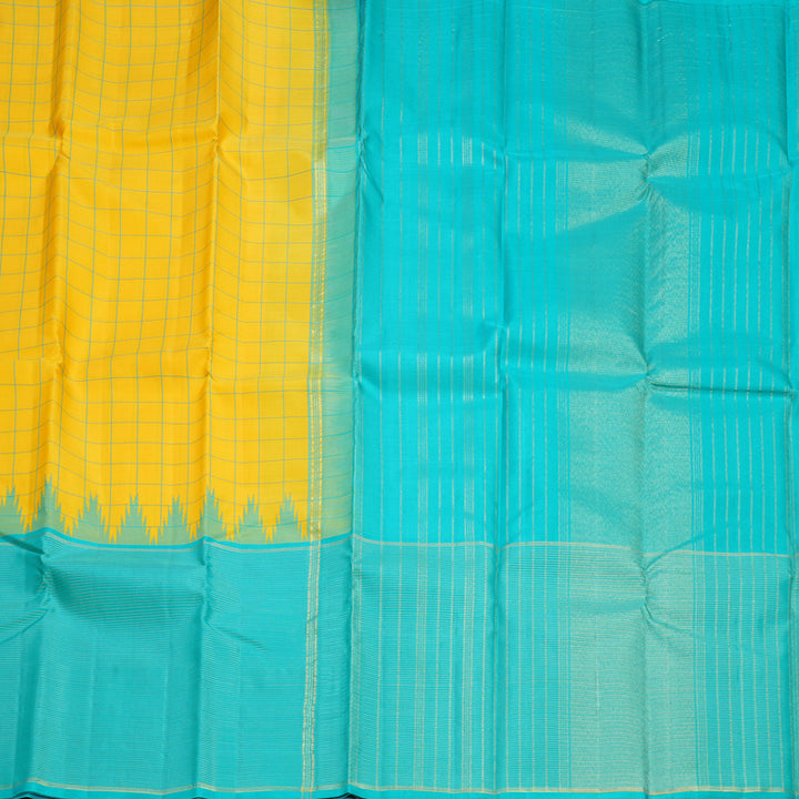 Hayagrivas Handloom Yellow Kanjivaram Silk Saree with Sea Blue Border KSBE119C2-1