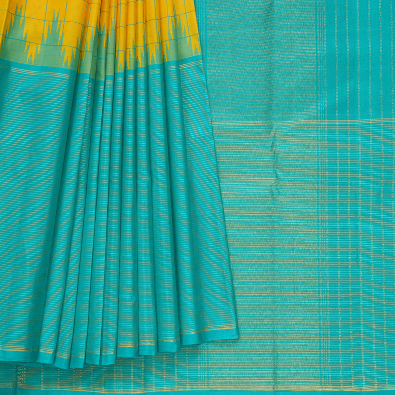 Hayagrivas Handloom Yellow Kanjivaram Silk Saree with Sea Blue Border KSBE119C2-1