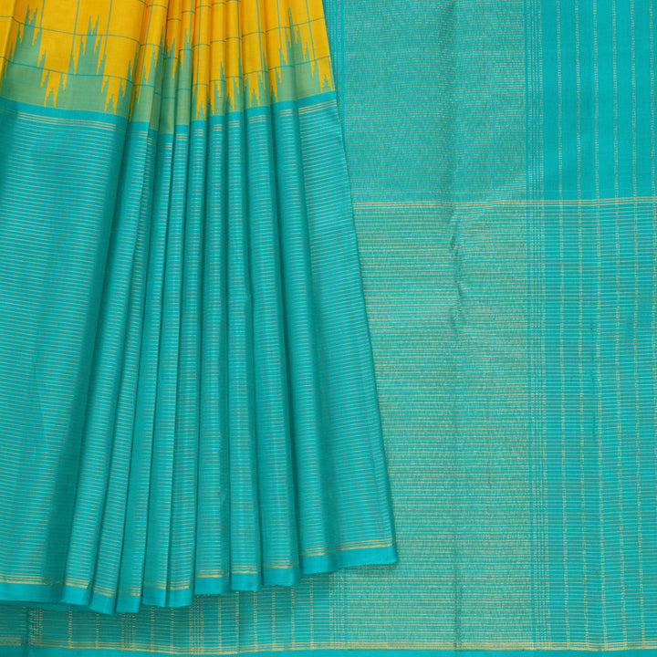 Hayagrivas Handloom Yellow Kanjivaram Silk Saree with Sea Blue Border KSBE119C2-1