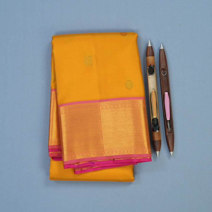 Hayagrivas Handloom Yellow Kanjivaram Silk Saree with Pink Border KSBE121C2-1