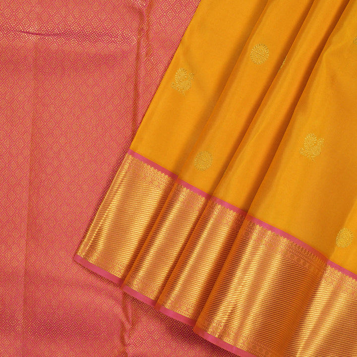 Hayagrivas Handloom Yellow Kanjivaram Silk Saree with Pink Border KSBE121C2-1