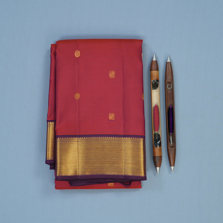 Hayagrivas Handloom Reddish-Pink Kanjivaram Silk Saree with Purple Border KSBE121C3-3