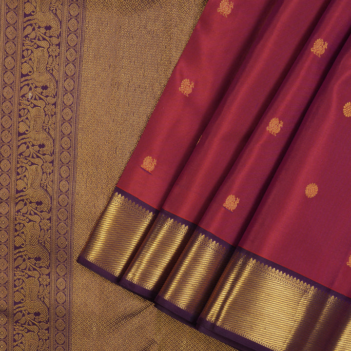 Hayagrivas Handloom Reddish-Pink Kanjivaram Silk Saree with Purple Border KSBE121C3-3