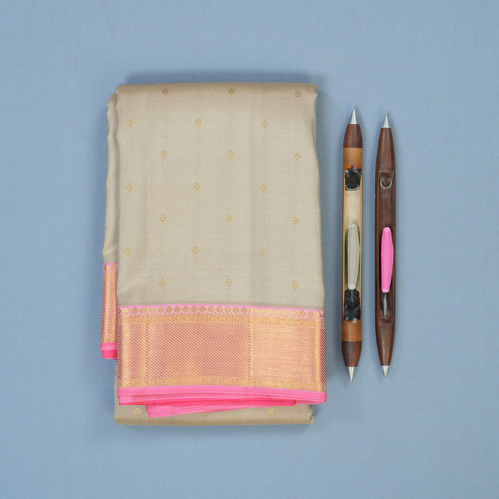 Hayagrivas Handloom Beige Kanjivaram Silk Saree with Rose Pink Border KSBE121C3-6