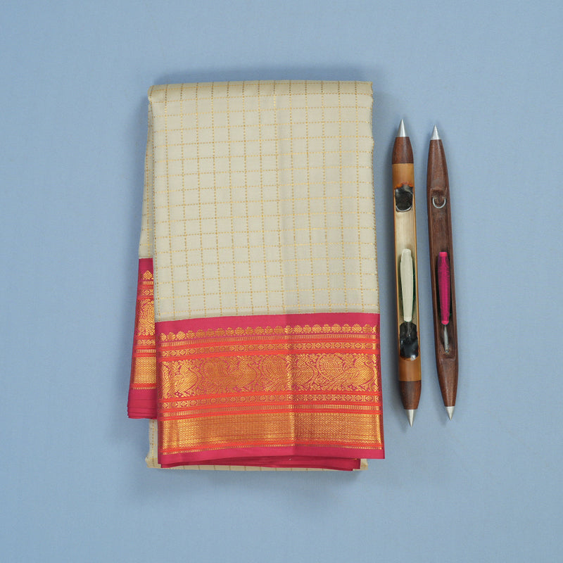 Hayagrivas Handloom Beige Kanjivaram Silk Saree with Pink Border KSBE121C4-3