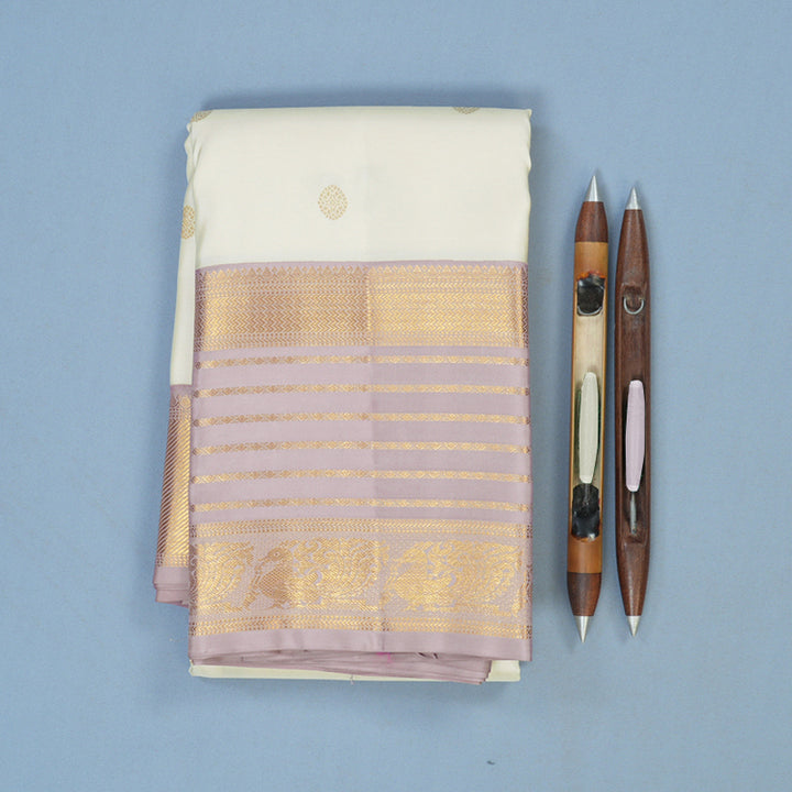 Hayagrivas Handloom Half-White Kanjivaram Silk Saree with Lilac Border KSBE121C4-7