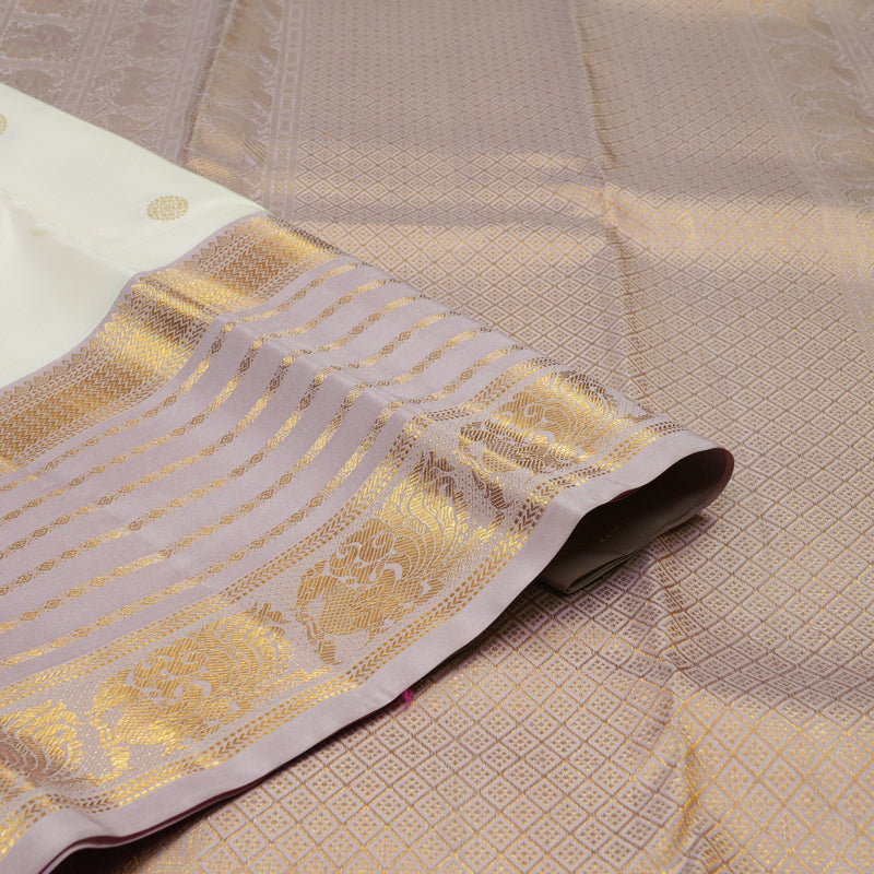 Hayagrivas Handloom Half-White Kanjivaram Silk Saree with Lilac Border KSBE121C4-7