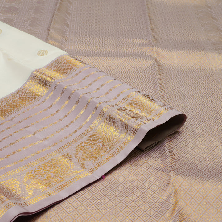 Hayagrivas Handloom Half-White Kanjivaram Silk Saree with Lilac Border KSBE121C4-7