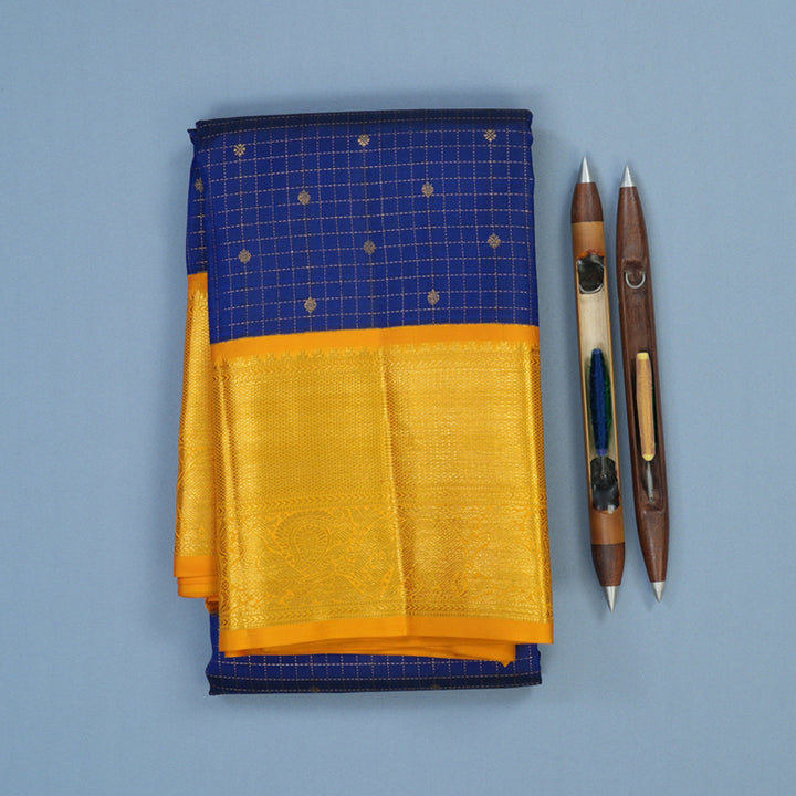 Hayagrivas Handloom Dark Blue Kanjivaram Silk Saree with Yellow Border KSBE121C5-1