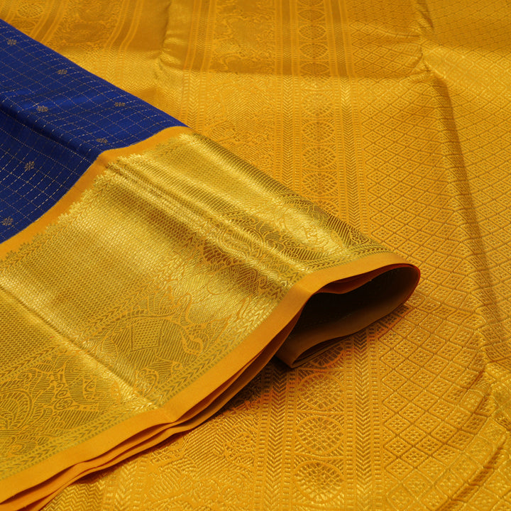 Hayagrivas Handloom Dark Blue Kanjivaram Silk Saree with Yellow Border KSBE121C5-1