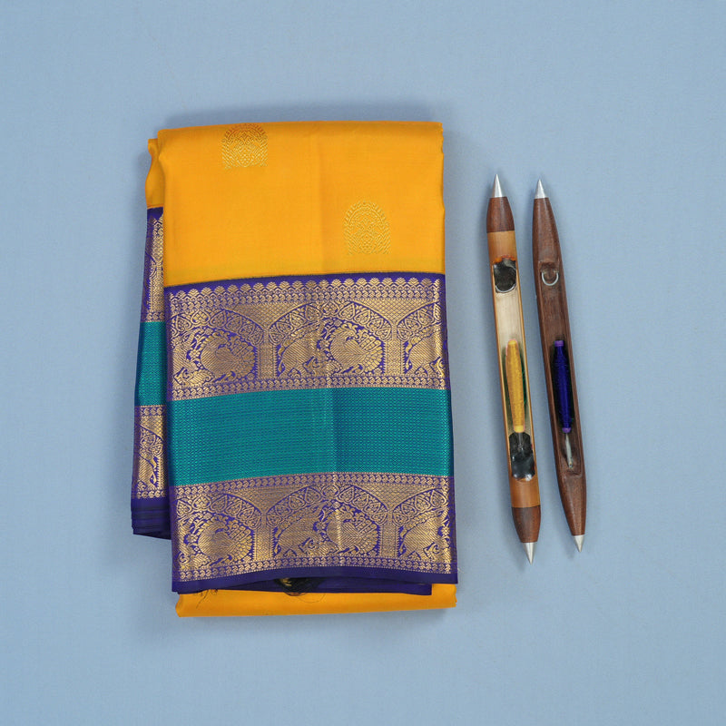 Hayagrivas Handloom Turmeric Yellow Kanjivaram Silk Saree with Peacock Blue Border KSBE121C5-10