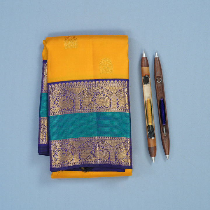 Hayagrivas Handloom Turmeric Yellow Kanjivaram Silk Saree with Peacock Blue Border KSBE121C5-10