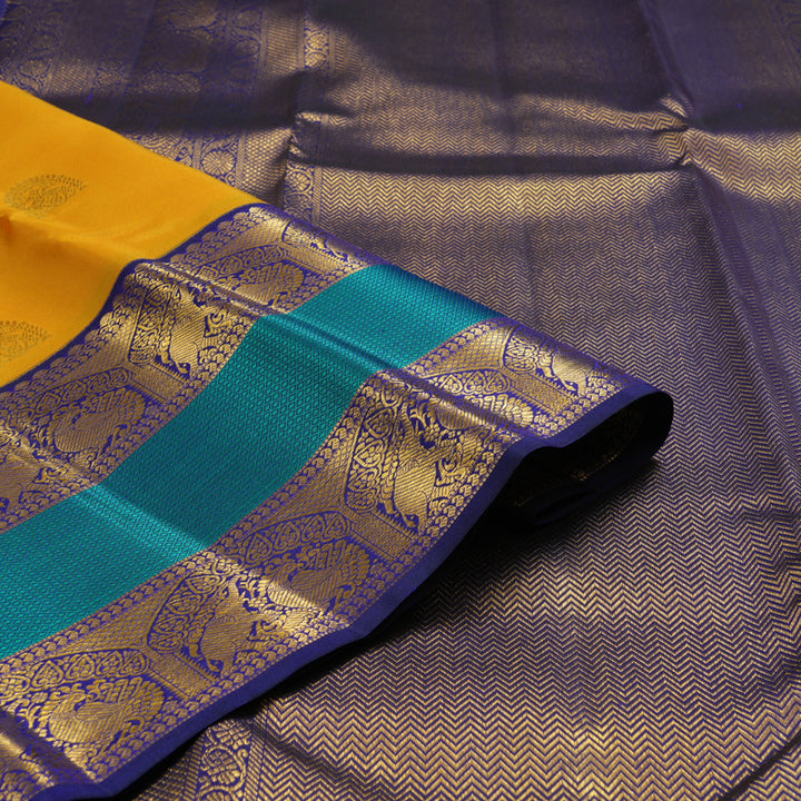 Hayagrivas Handloom Turmeric Yellow Kanjivaram Silk Saree with Peacock Blue Border KSBE121C5-10