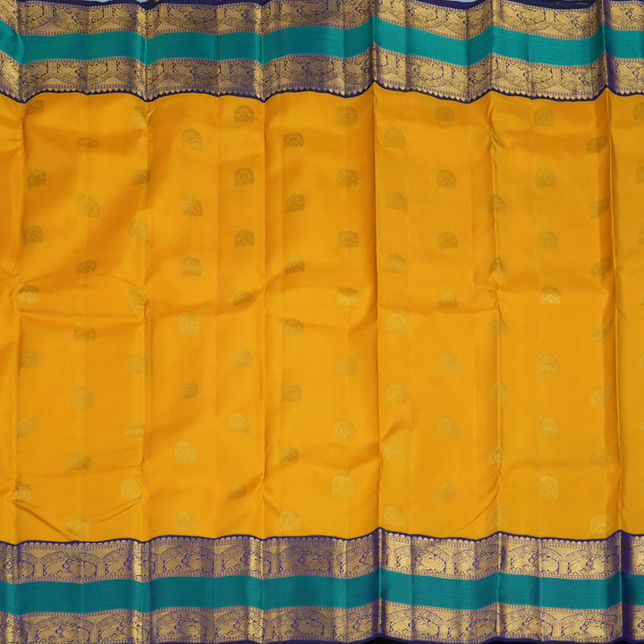 Hayagrivas Handloom Turmeric Yellow Kanjivaram Silk Saree with Peacock Blue Border KSBE121C5-10