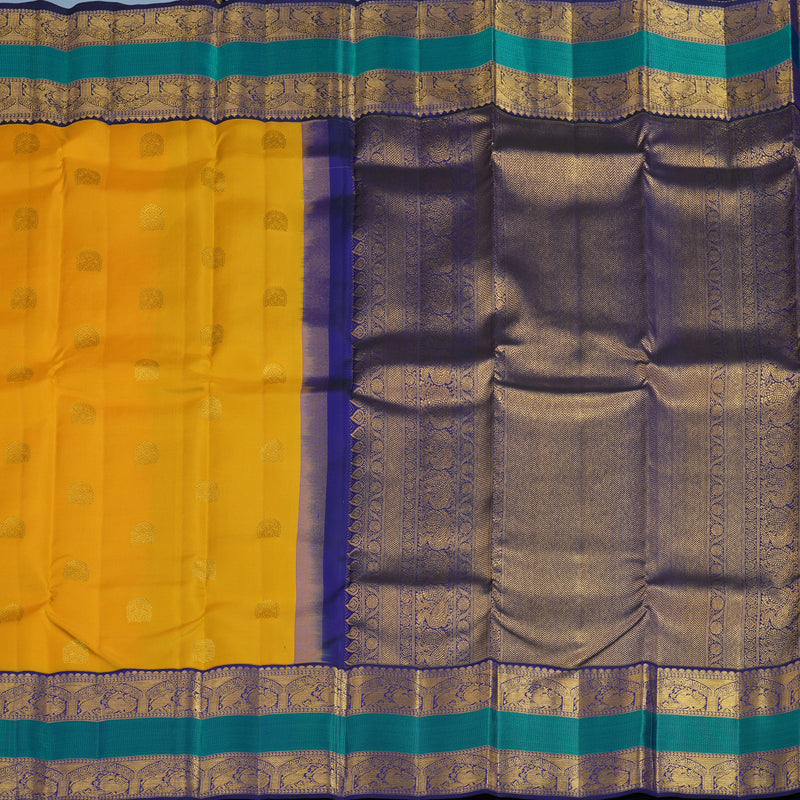 Hayagrivas Handloom Turmeric Yellow Kanjivaram Silk Saree with Peacock Blue Border KSBE121C5-10