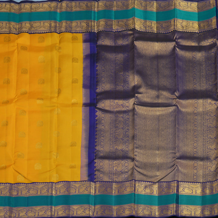 Hayagrivas Handloom Turmeric Yellow Kanjivaram Silk Saree with Peacock Blue Border KSBE121C5-10