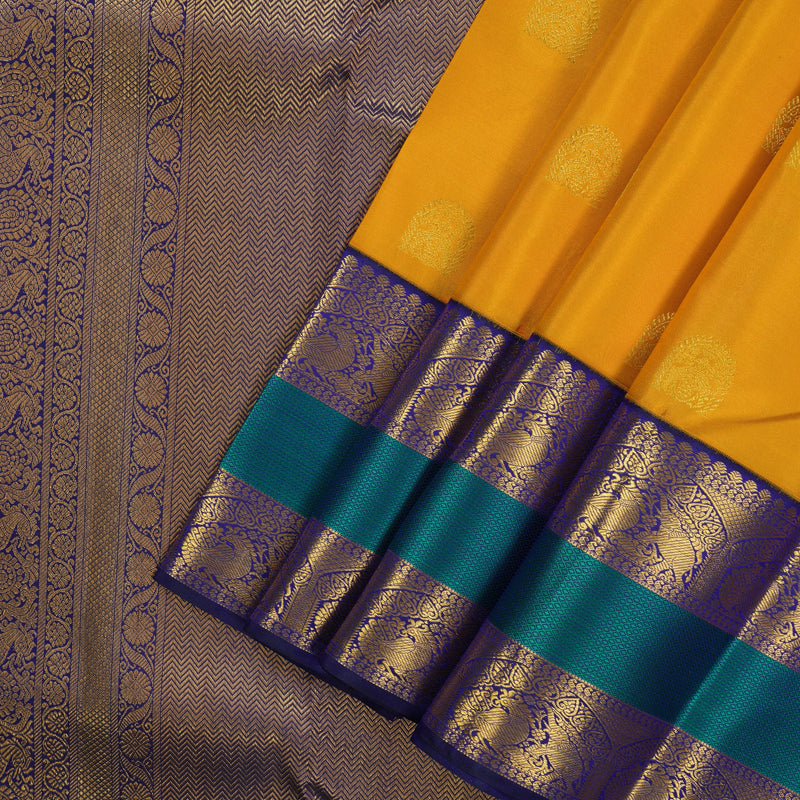 Hayagrivas Handloom Turmeric Yellow Kanjivaram Silk Saree with Peacock Blue Border KSBE121C5-10