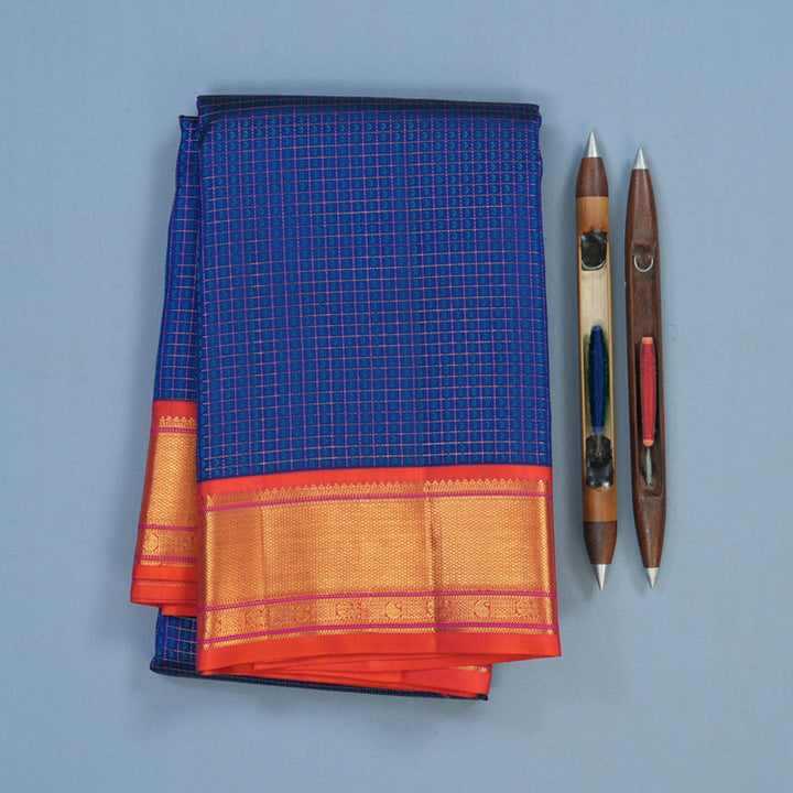 Hayagrivas Handloom Blue Kanjivaram Silk Saree with Orangish-Pink Border KSBE121C5-6