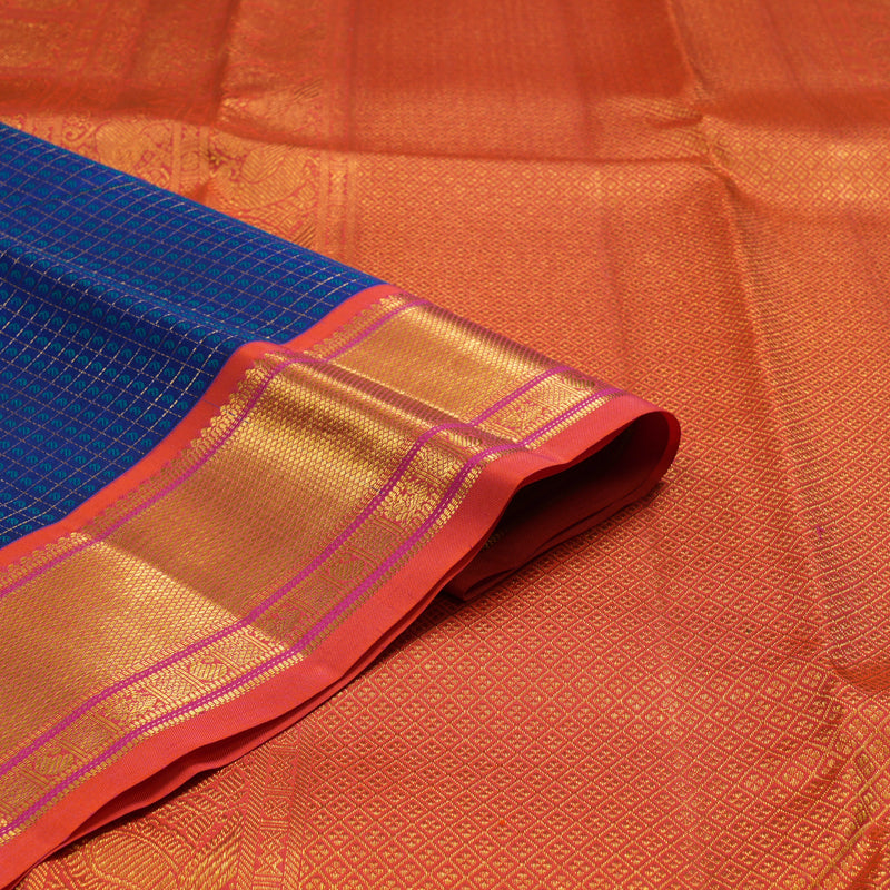 Hayagrivas Handloom Blue Kanjivaram Silk Saree with Orangish-Pink Border KSBE121C5-6
