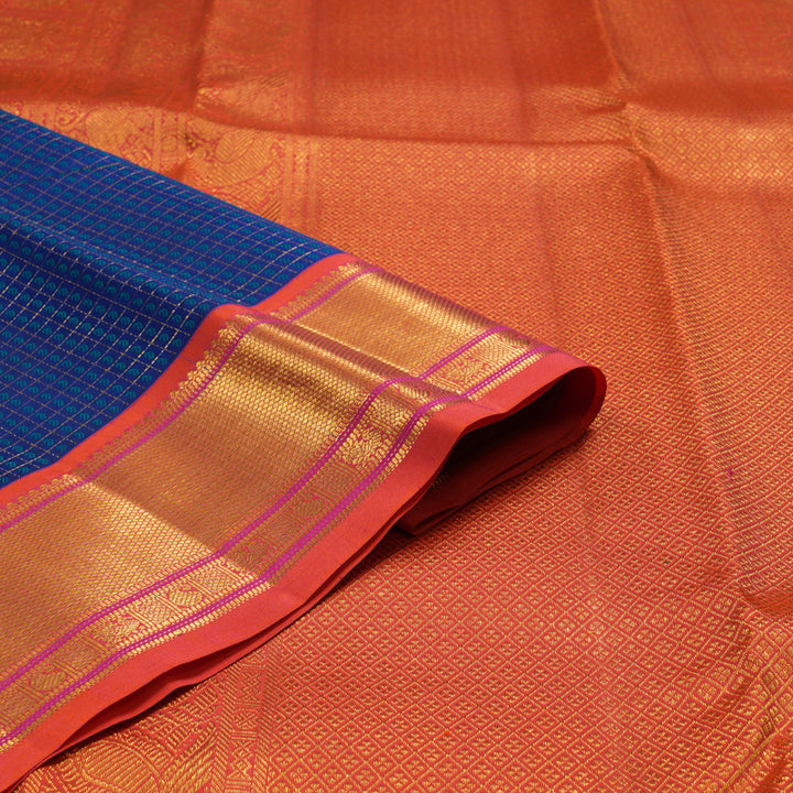 Hayagrivas Handloom Blue Kanjivaram Silk Saree with Orangish-Pink Border KSBE121C5-6