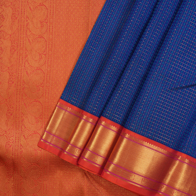 Hayagrivas Handloom Blue Kanjivaram Silk Saree with Orangish-Pink Border KSBE121C5-6