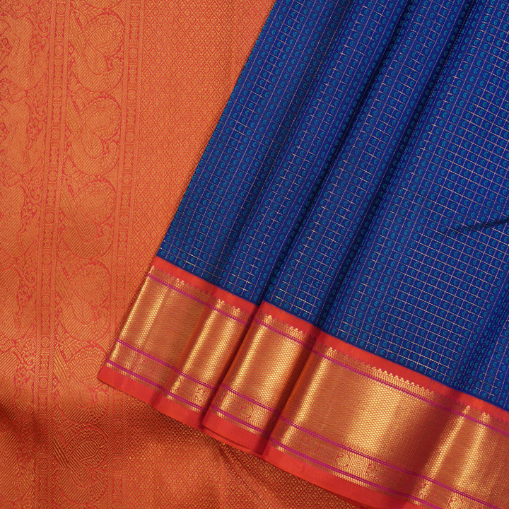 Hayagrivas Handloom Blue Kanjivaram Silk Saree with Orangish-Pink Border KSBE121C5-6