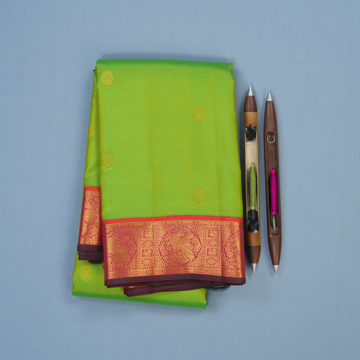 Hayagrivas Handloom Fluorescent Green Kanjivaram Silk Saree with Orangish-Pink Border KSBE121C9-5