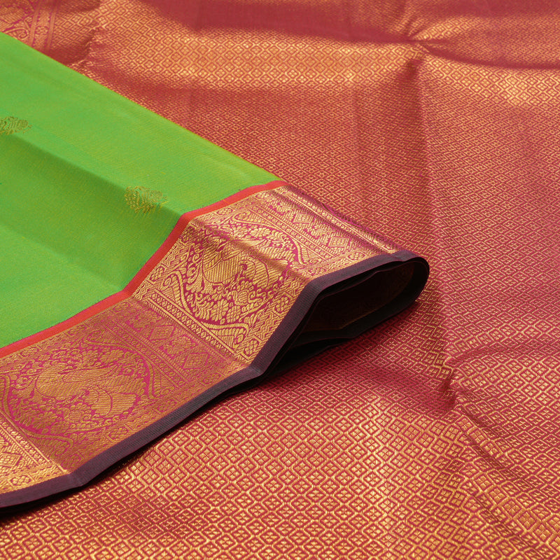 Hayagrivas Handloom Fluorescent Green Kanjivaram Silk Saree with Orangish-Pink Border KSBE121C9-5