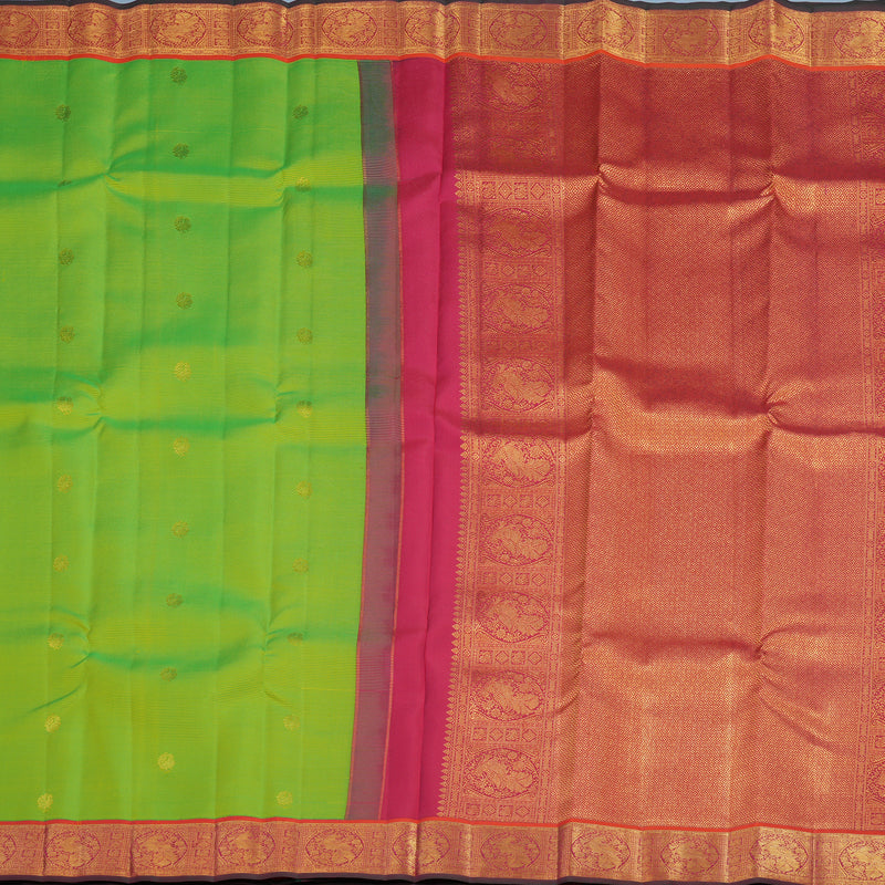 Hayagrivas Handloom Fluorescent Green Kanjivaram Silk Saree with Orangish-Pink Border KSBE121C9-5