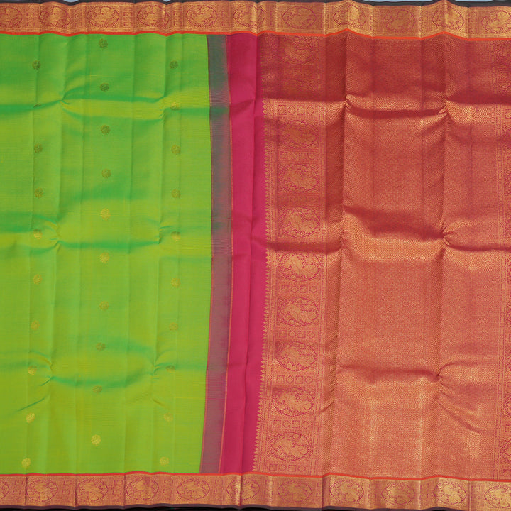 Hayagrivas Handloom Fluorescent Green Kanjivaram Silk Saree with Orangish-Pink Border KSBE121C9-5