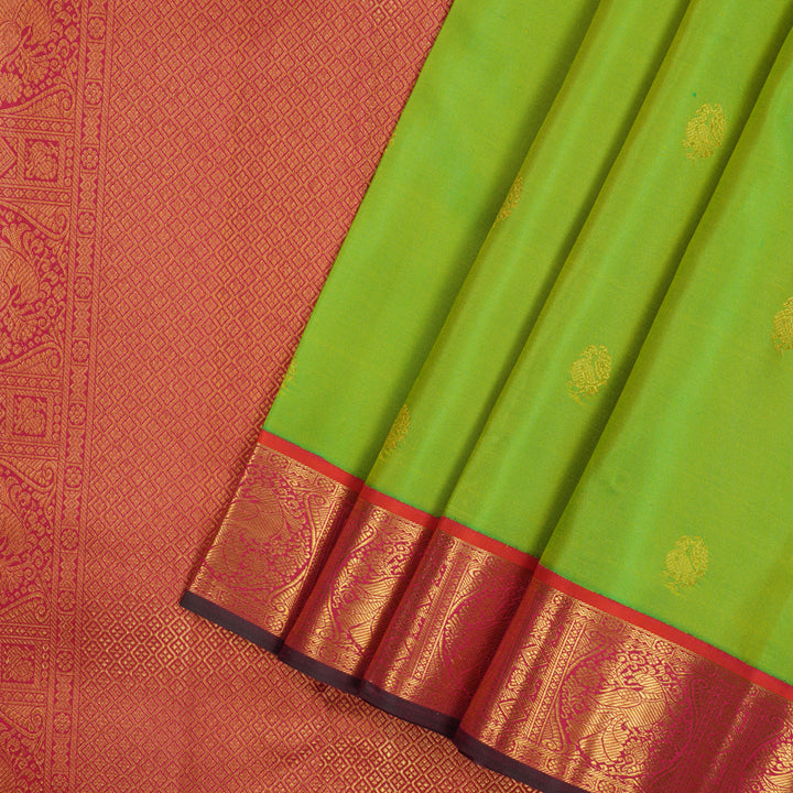 Hayagrivas Handloom Fluorescent Green Kanjivaram Silk Saree with Orangish-Pink Border KSBE121C9-5
