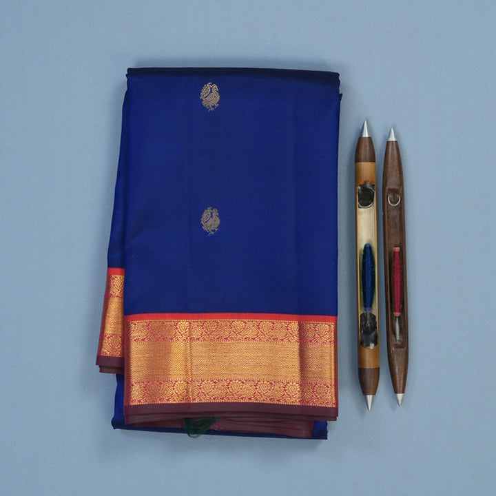 Hayagrivas Handloom Royal Blue Kanjivaram Silk Saree with Orangish-Pink Border KSBE121C9-6