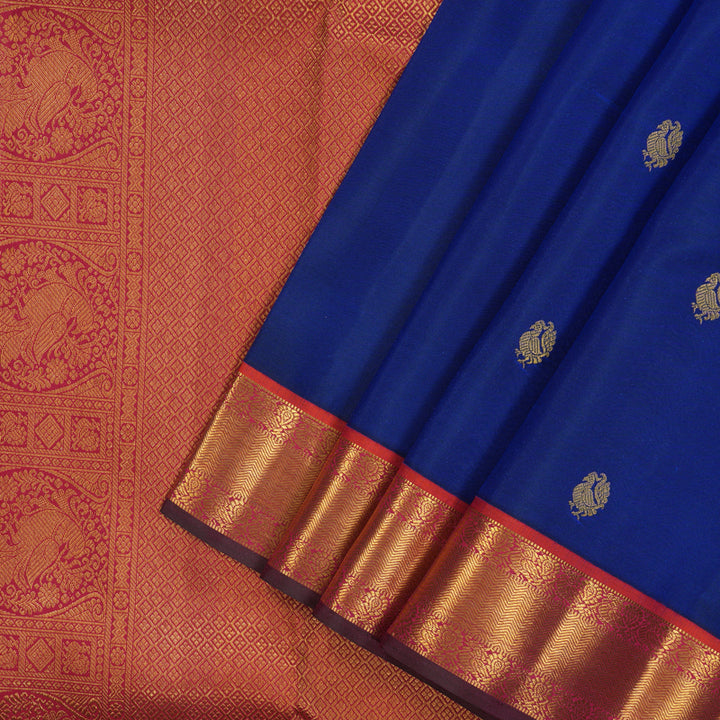 Hayagrivas Handloom Royal Blue Kanjivaram Silk Saree with Orangish-Pink Border KSBE121C9-6