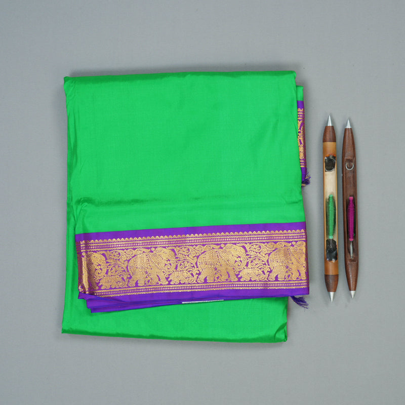 Hayagrivas Handloom Parrot Green Ten Yards Silk Saree with Purple Border KSBE122C1-10
