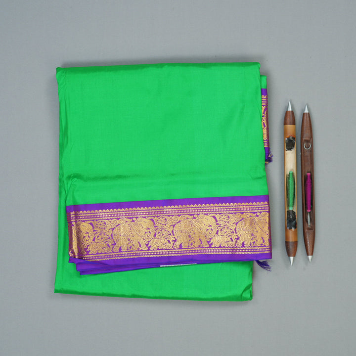 Hayagrivas Handloom Parrot Green Ten Yards Silk Saree with Purple Border KSBE122C1-10