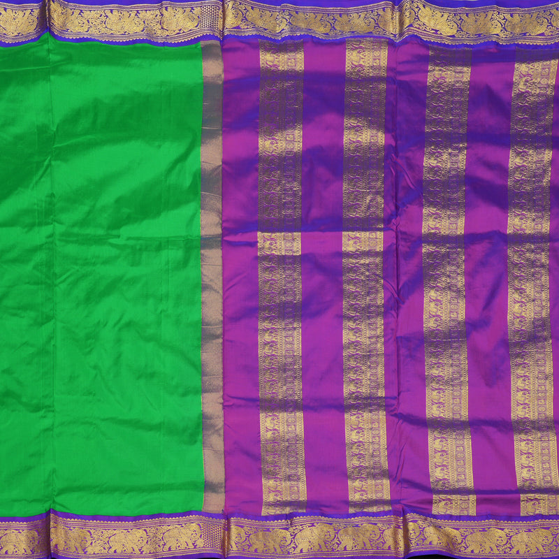 Hayagrivas Handloom Parrot Green Ten Yards Silk Saree with Purple Border KSBE122C1-10