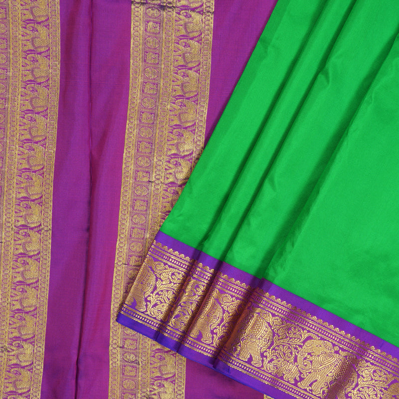 Hayagrivas Handloom Parrot Green Ten Yards Silk Saree with Purple Border KSBE122C1-10