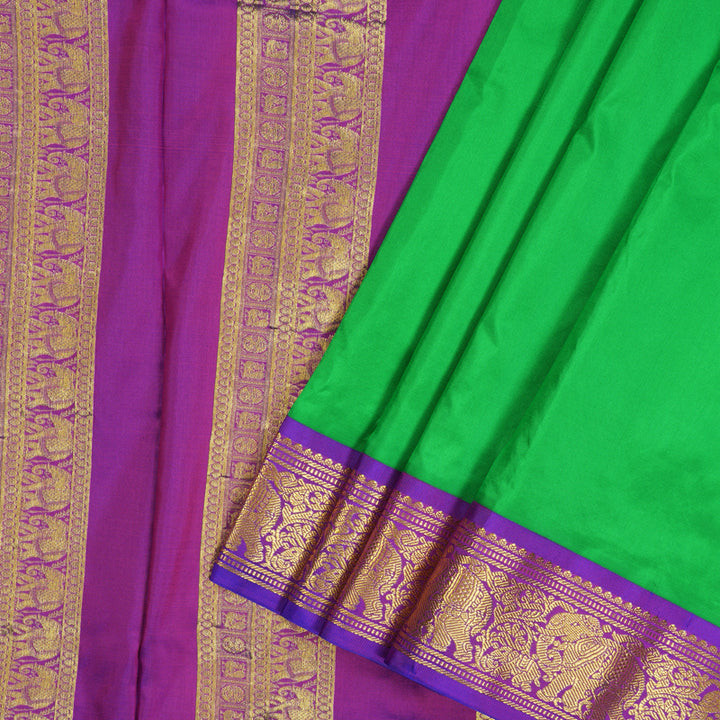 Hayagrivas Handloom Parrot Green Ten Yards Silk Saree with Purple Border KSBE122C1-10