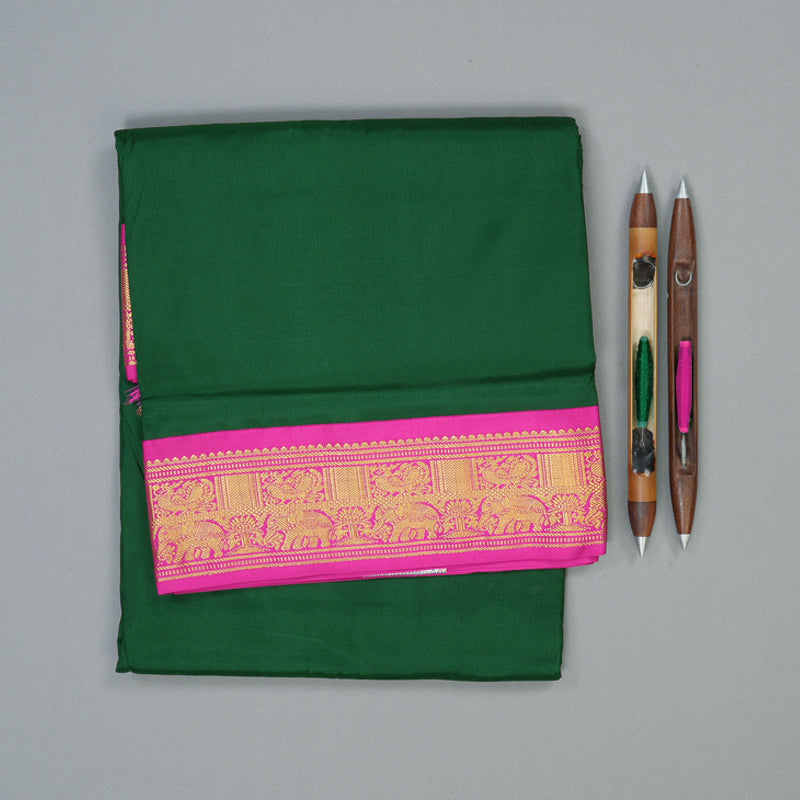 Hayagrivas Handloom Bottle Green Ten Yards Silk Saree with Rani Pink Border KSBE122C1-11