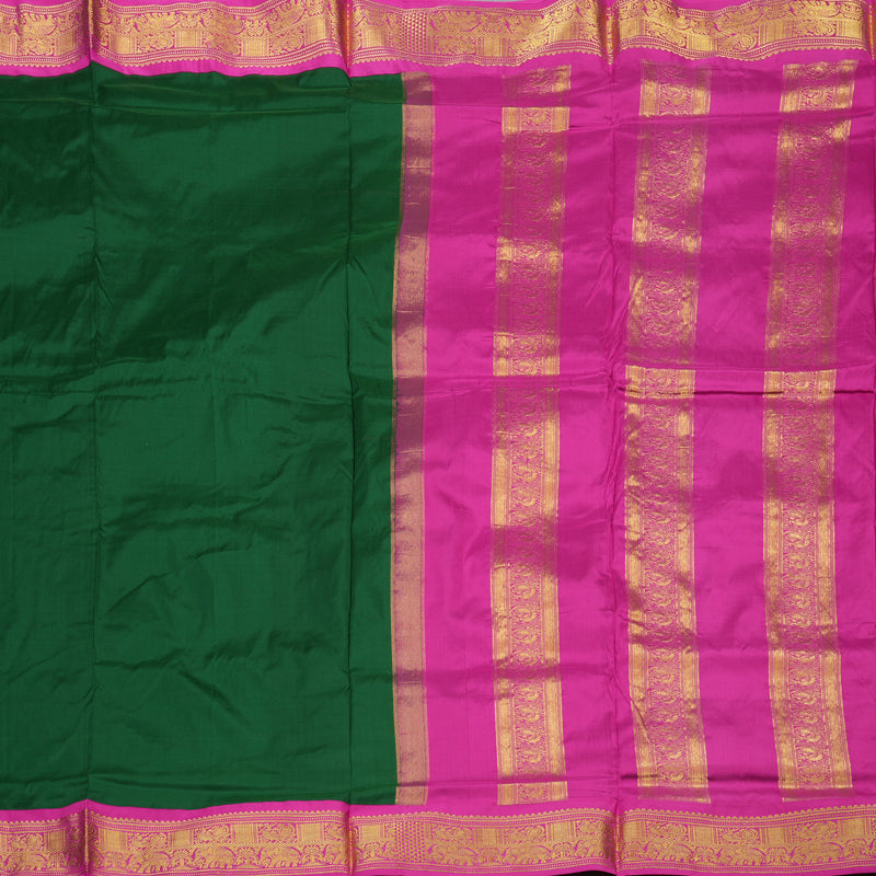 Hayagrivas Handloom Bottle Green Ten Yards Silk Saree with Rani Pink Border KSBE122C1-11