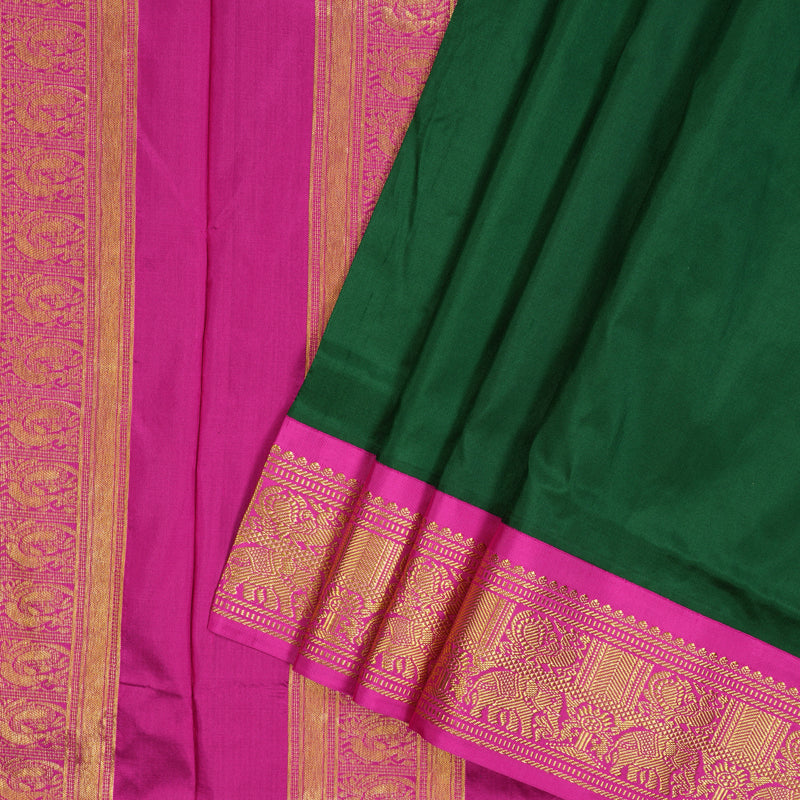 Hayagrivas Handloom Bottle Green Ten Yards Silk Saree with Rani Pink Border KSBE122C1-11