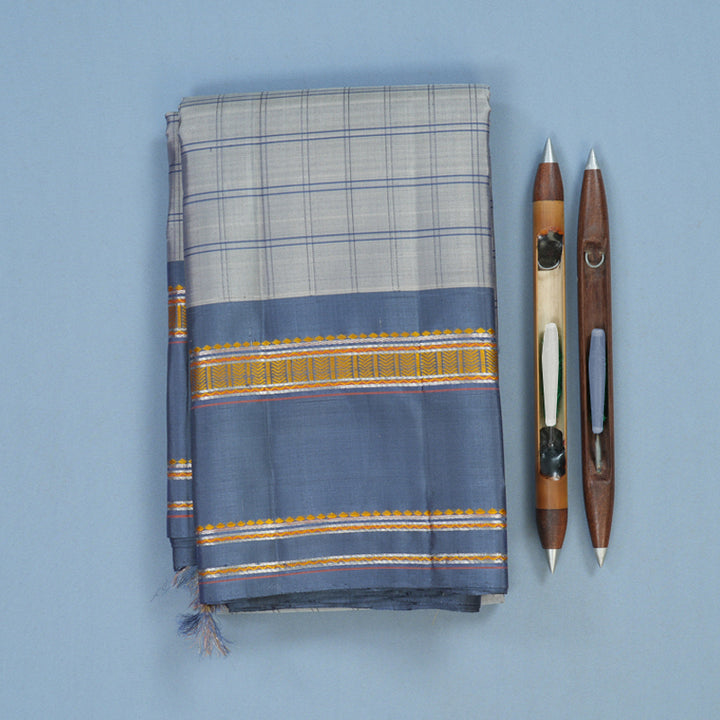 Hayagrivas Handloom Silver Grey Kanjivaram Silk Saree with Bluish-Grey Border KSBE126C3-1