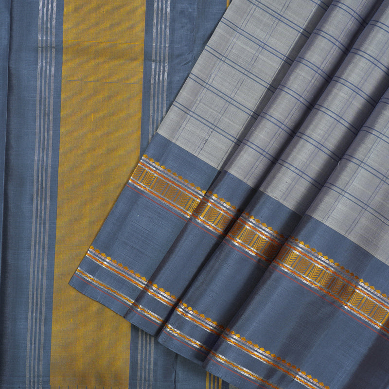 Hayagrivas Handloom Silver Grey Kanjivaram Silk Saree with Bluish-Grey Border KSBE126C3-1