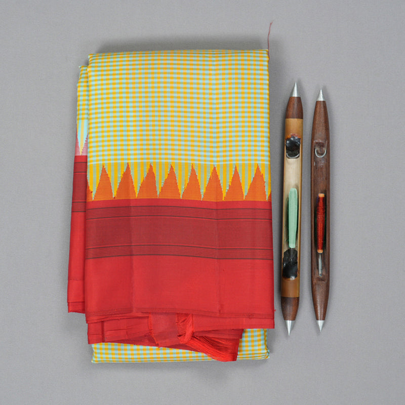 Hayagrivas Handloom Yellow & Sky Blue Checks Kanjivaram Silk Saree KSBE126C7-4