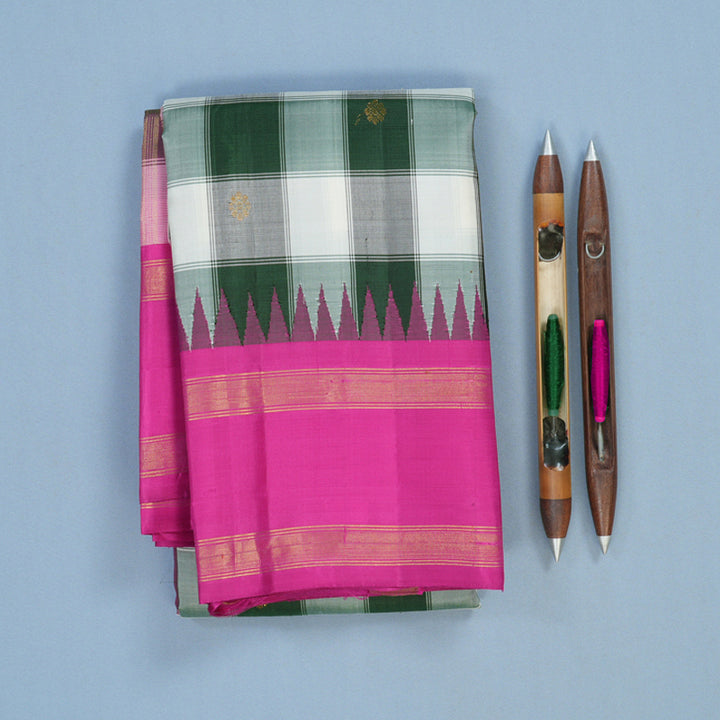 Hayagrivas Handloom White & Bottle Green Checks Kanjivaram Silk Saree with Rani Pink Border KSBE126C9-2
