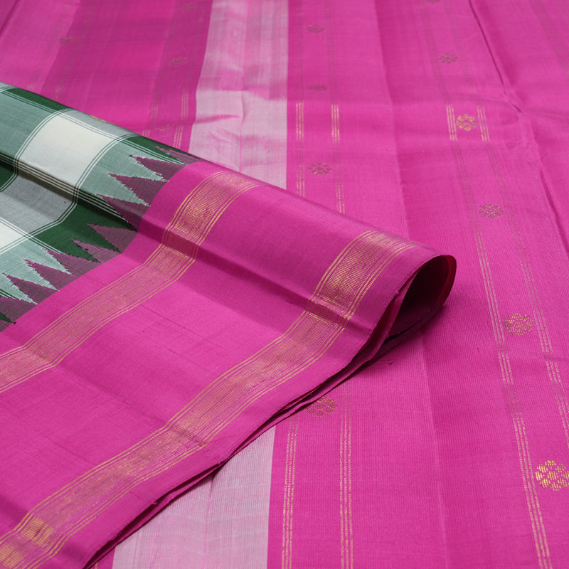 Hayagrivas Handloom White & Bottle Green Checks Kanjivaram Silk Saree with Rani Pink Border KSBE126C9-2